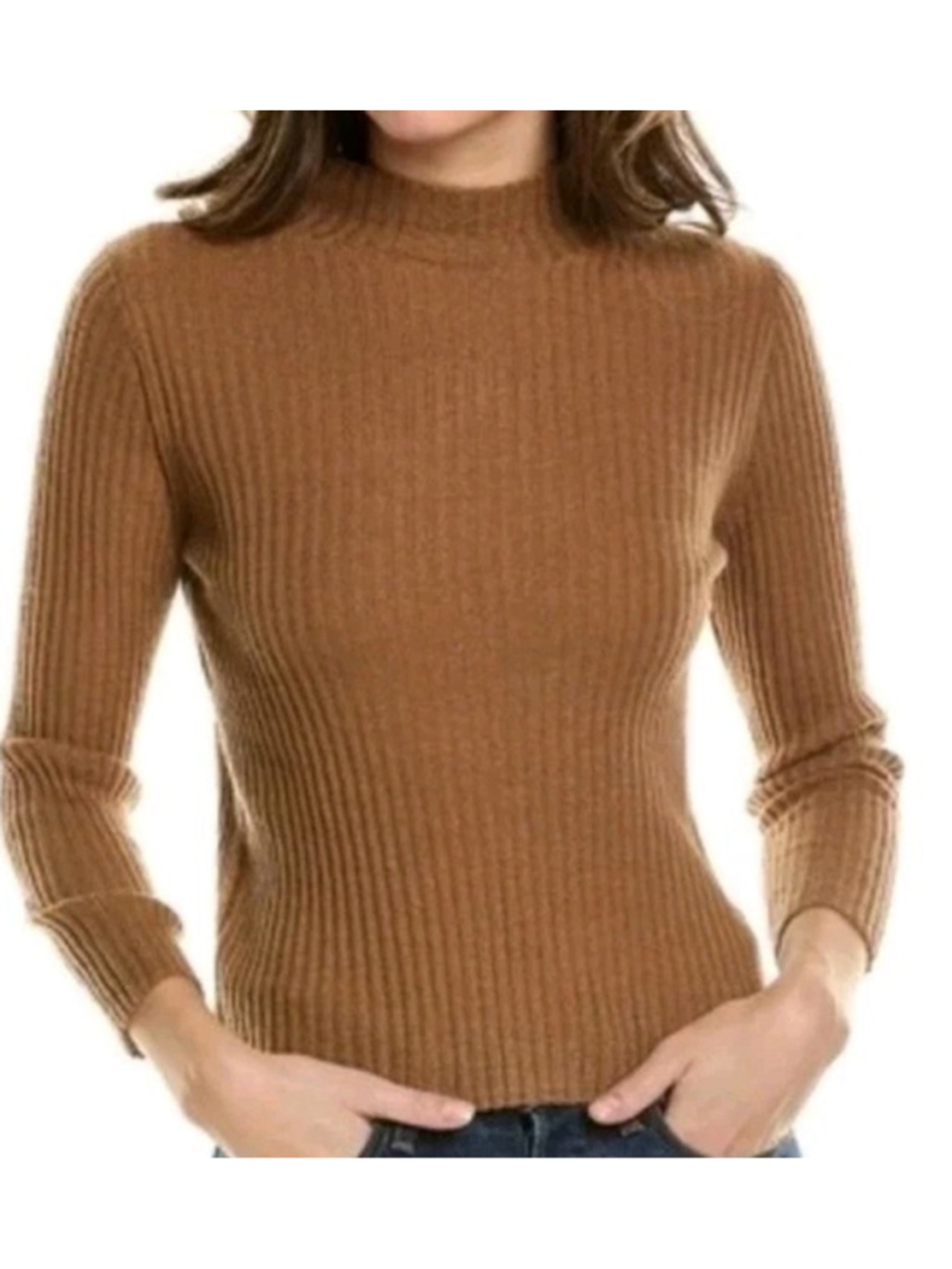 NWT Vince Sweater Womens S Brown Cashmere Silk Mock Neck Ribbed Knit Pullover - Picture 2 of 10